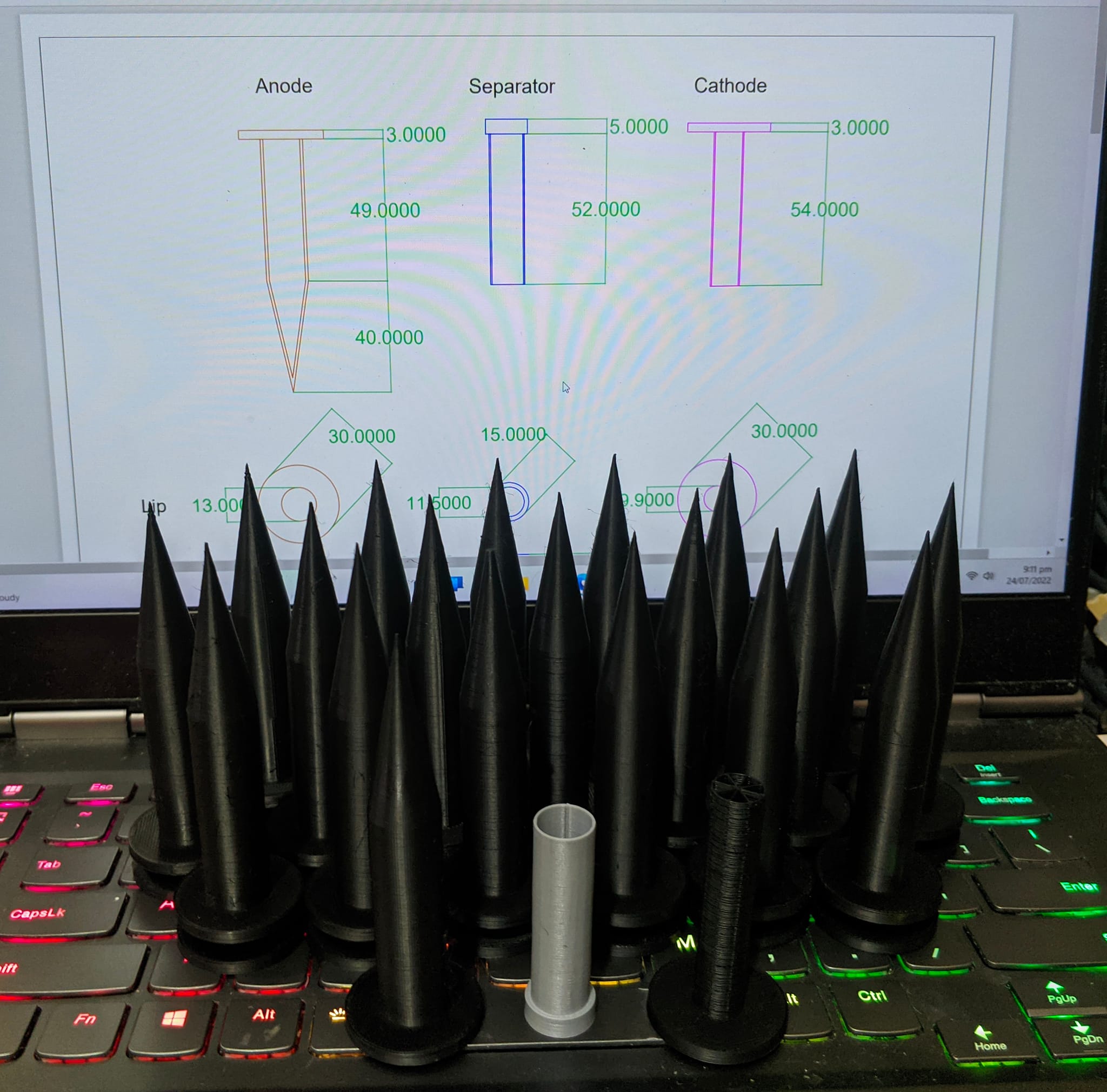 Early PMFC anode, separator, and cathode sets beside their dimensions