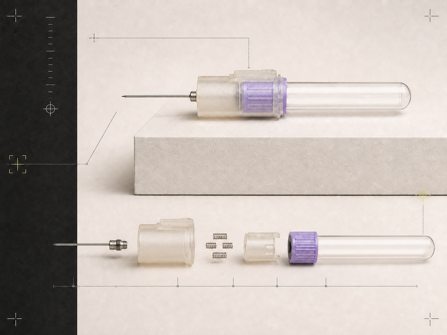 Editorial engineering plate showing the fully assembled self-ejecting Vacutainer above and its threaded needle, housing, four springs, carrier, and full-length tube exploded below